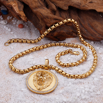 Engravable Lion Face Mens Pendant Necklace