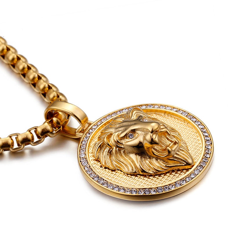 Engravable Lion Face Mens Pendant Necklace