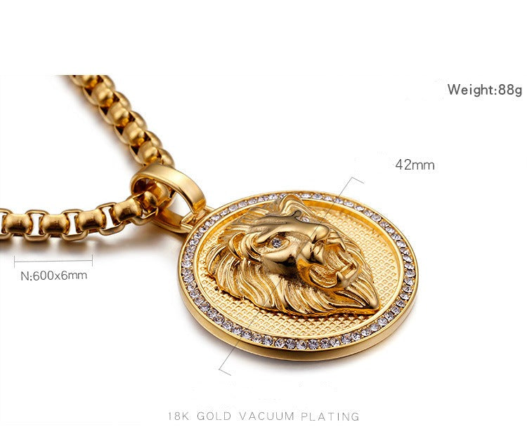 Engravable Lion Face Mens Pendant Necklace