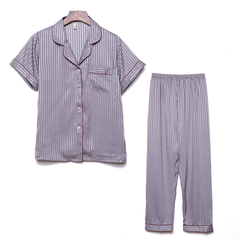 Elegant Striped Satin Short-Sleeve Couple Pajamas