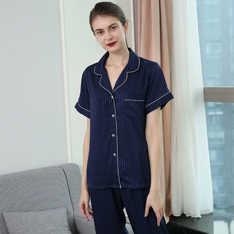 Elegant Striped Satin Short-Sleeve Couple Pajamas