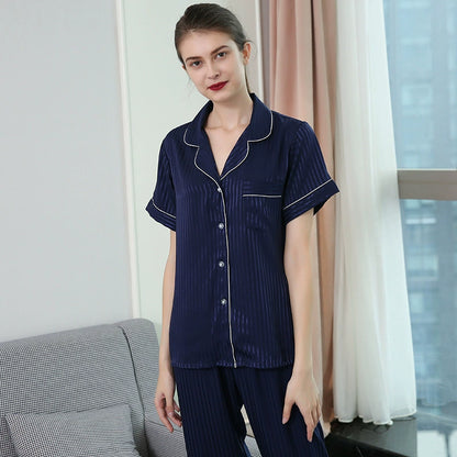 Elegant Striped Satin Short-Sleeve Couple Pajamas