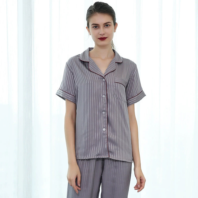 Elegant Striped Satin Short-Sleeve Couple Pajamas
