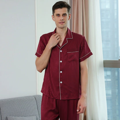 Elegant Striped Satin Short-Sleeve Couple Pajamas