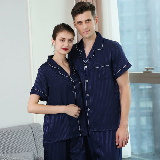 Elegant Striped Satin Short-Sleeve Couple Pajamas