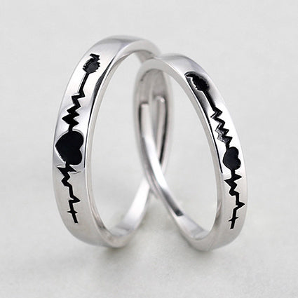 Heartbeat Adjustable Silver Rings with Names Engraved