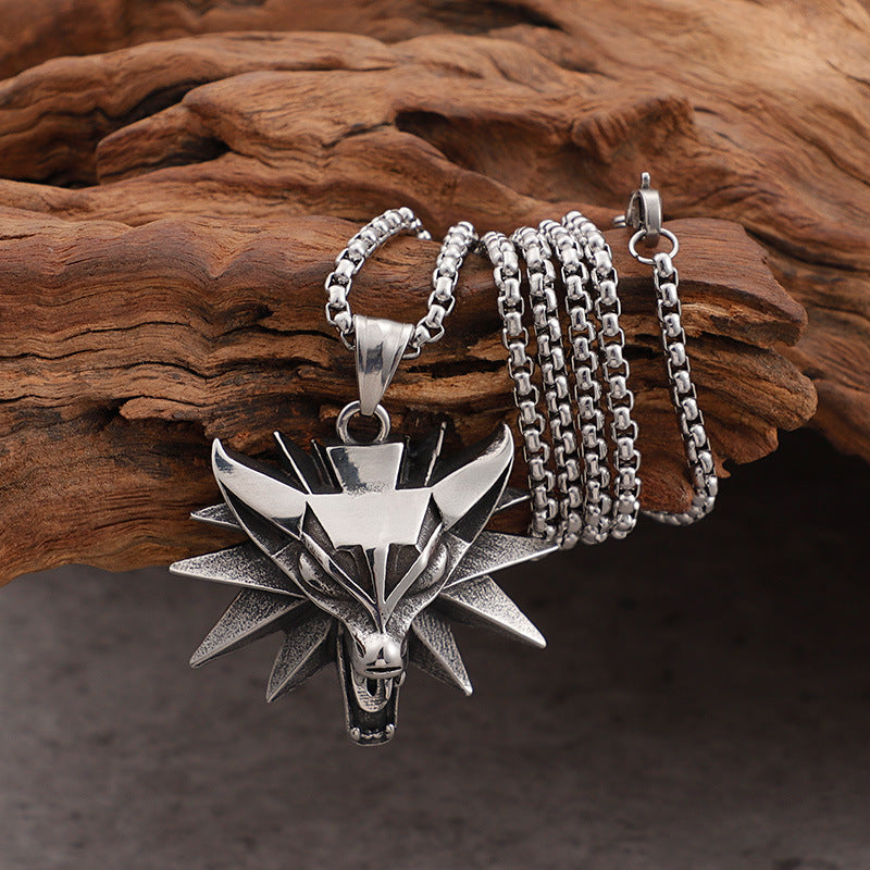 Engravable Wolf Head Mens Pendant Necklace