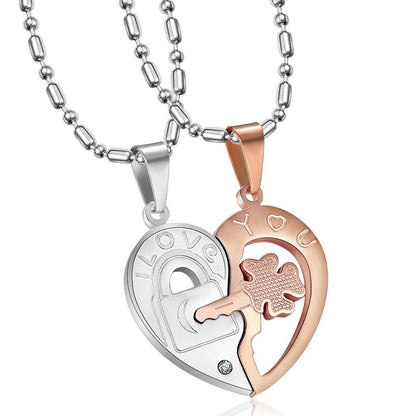 Engraved Clover Key Heart Interlocking Pendants Set for 2