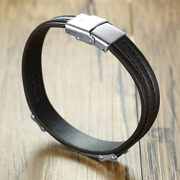 Engraved Leather Bracelet for Him Stainless Steel Black