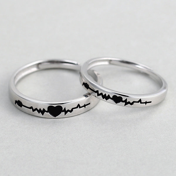 Heartbeat Adjustable Silver Rings with Names Engraved