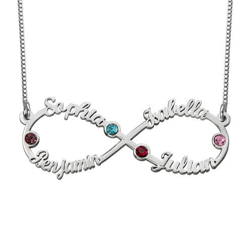 Family Best Friends 4 Names Birthstone Necklace Infinity