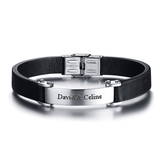 Engraved Leather Bracelet for Him Black