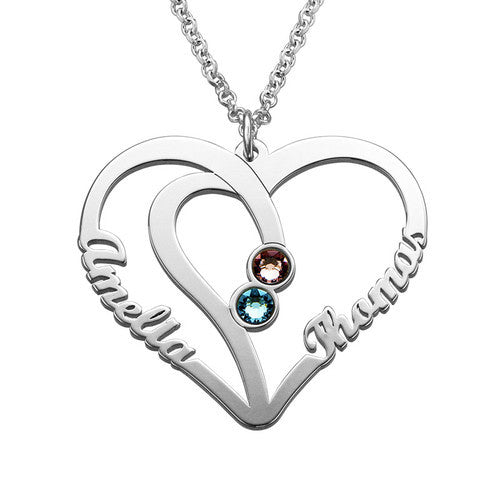 Personalized Birthstone 2 Names Heart Necklace Gift