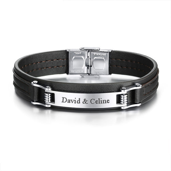 Engraved Leather Bracelet for Him Stainless Steel Black