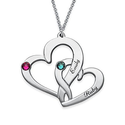 Birthstone Custom Names Connected Hearts Silver Pendant