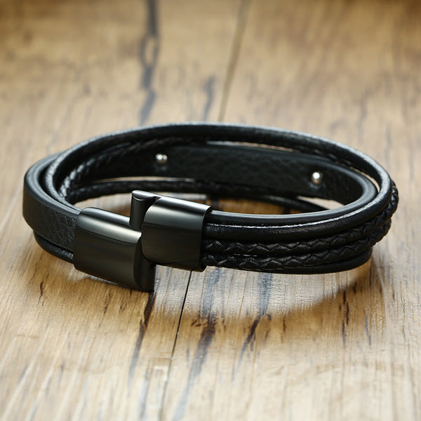 Personalized Leather Mens Wrap Bracelet Gift Black