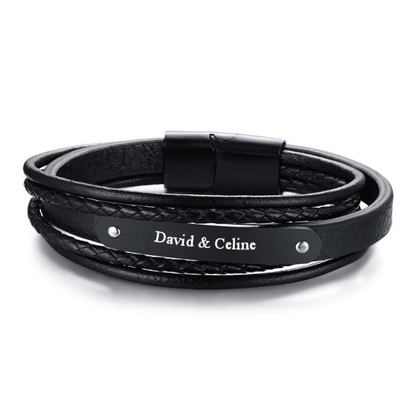 Personalized Leather Mens Wrap Bracelet Gift Black