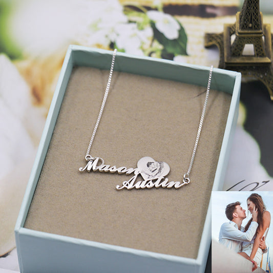 Couples Name Necklace Custom Photo Engraved