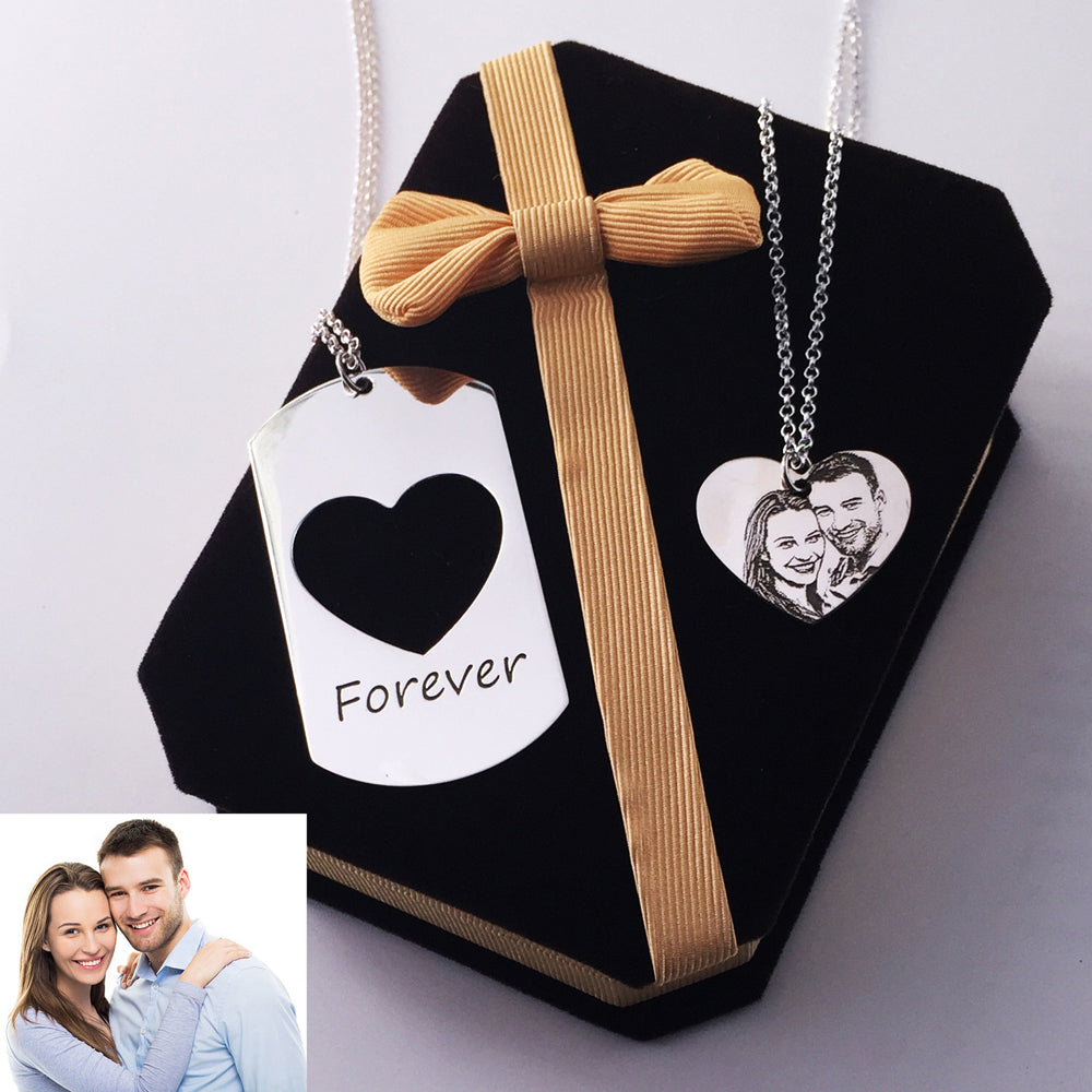 Forever Custom Photo Engraved Couples Necklaces Set