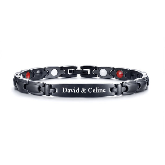 Mens Engraved Magnetic Bracelet Stainless Steel Black