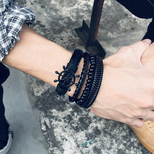 Mens Wrap Bracelet PU Leather Black