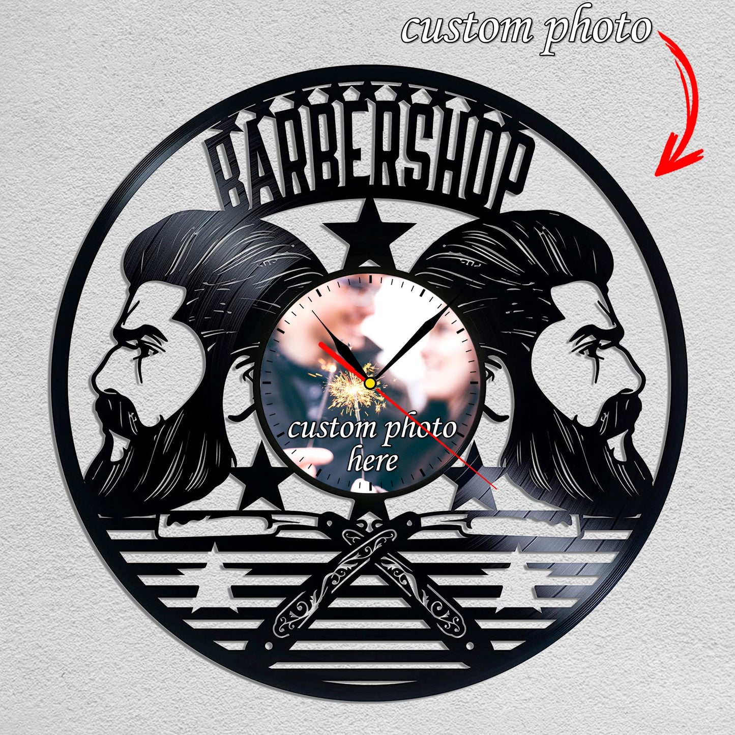 Personalized Barbershop Wall Clock – Custom LP Record Design, Silent Quartz Movement