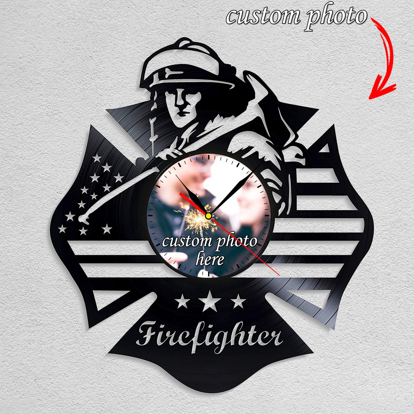 Personalized Firefighter Wall Clock – Custom LP Record Design, Silent Quartz Movement