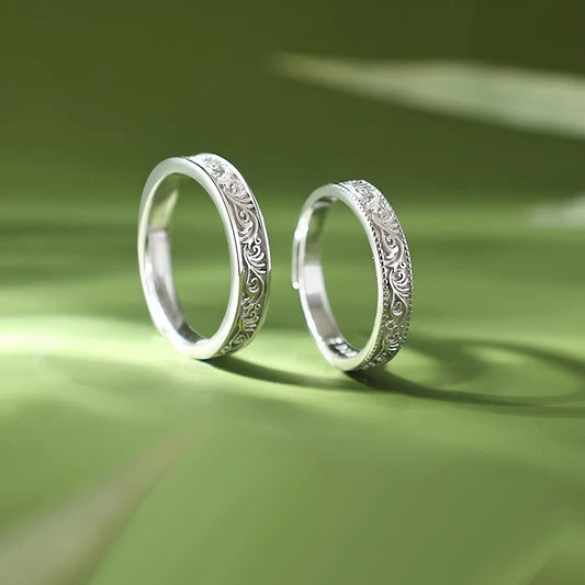 Vintage Floral Promise Rings - White Gold Engravable Set