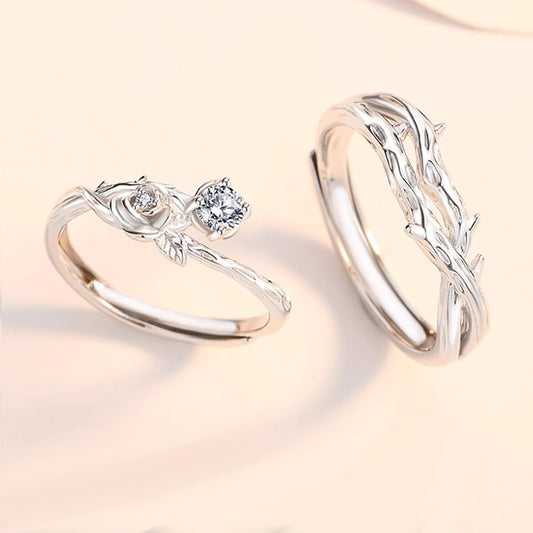 Engravable Thorns and Rose Rings Set for Couples