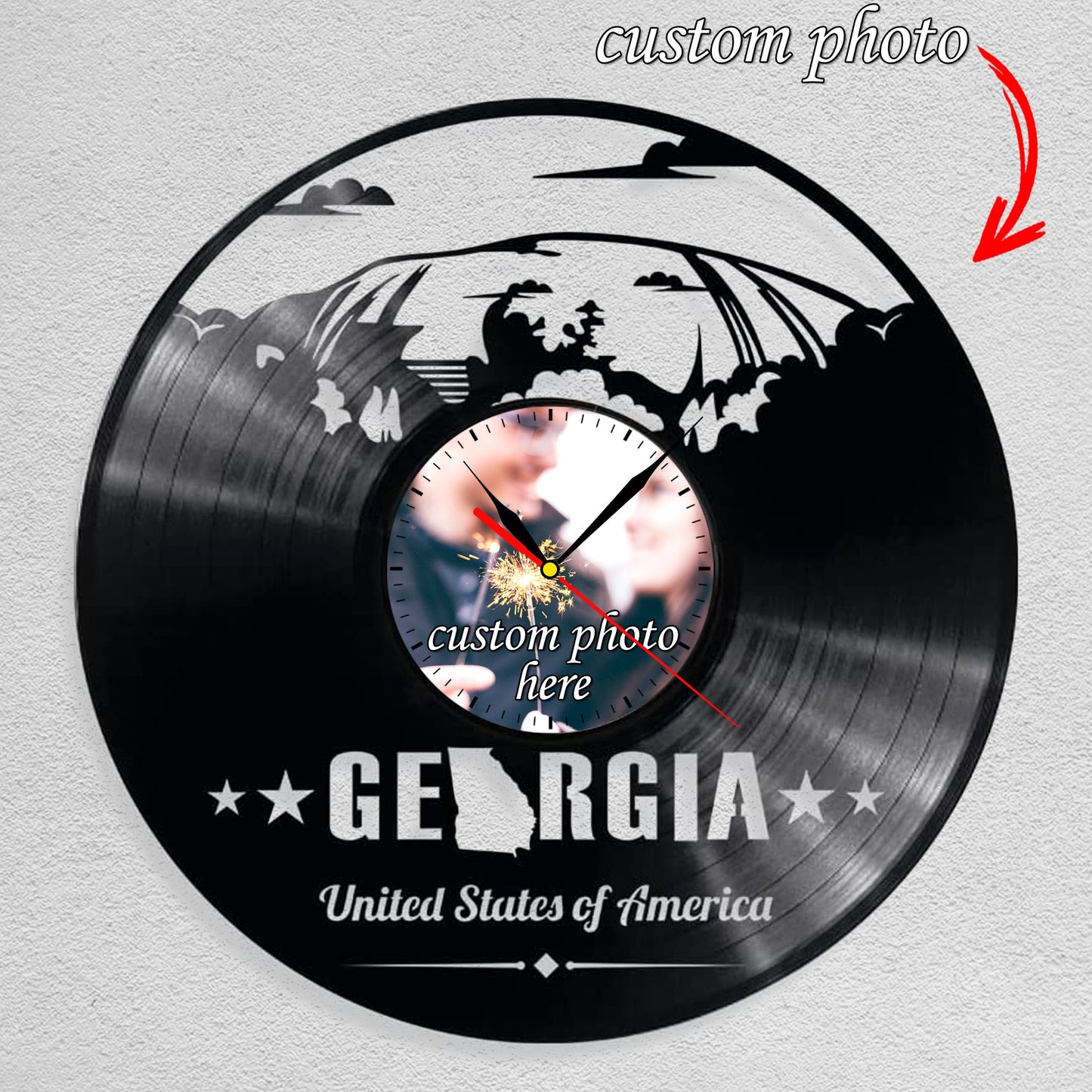 Personalized Georgia USA State Wall Clock – Custom LP Record Design, Silent Quartz Movement