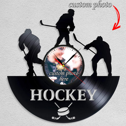 Personalized Hockey LP Record Wall Clock – Custom Photo & Name, Silent Quartz