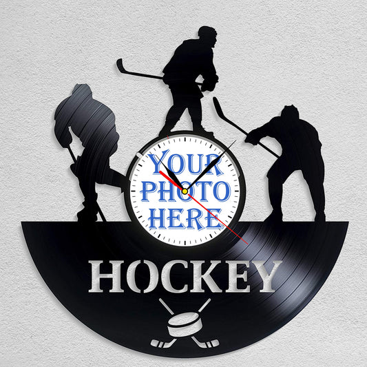 Personalized Hockey LP Record Wall Clock – Custom Photo & Name, Silent Quartz