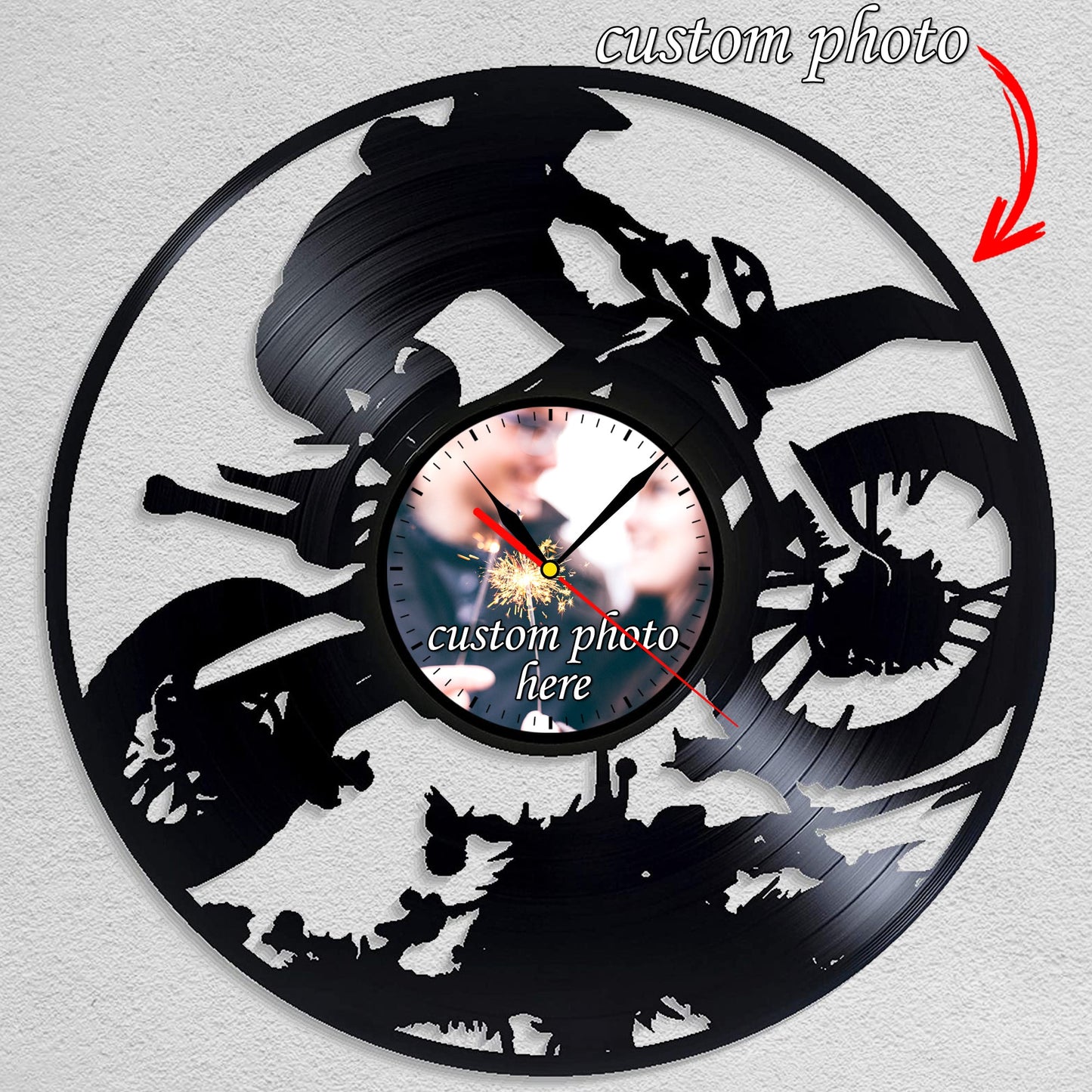 Personalized Motorcycle Racing LP Record Wall Clock – Custom Photo & Name, Silent Quartz