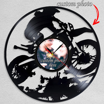 Personalized Motorcycle Racing LP Record Wall Clock – Custom Photo & Name, Silent Quartz
