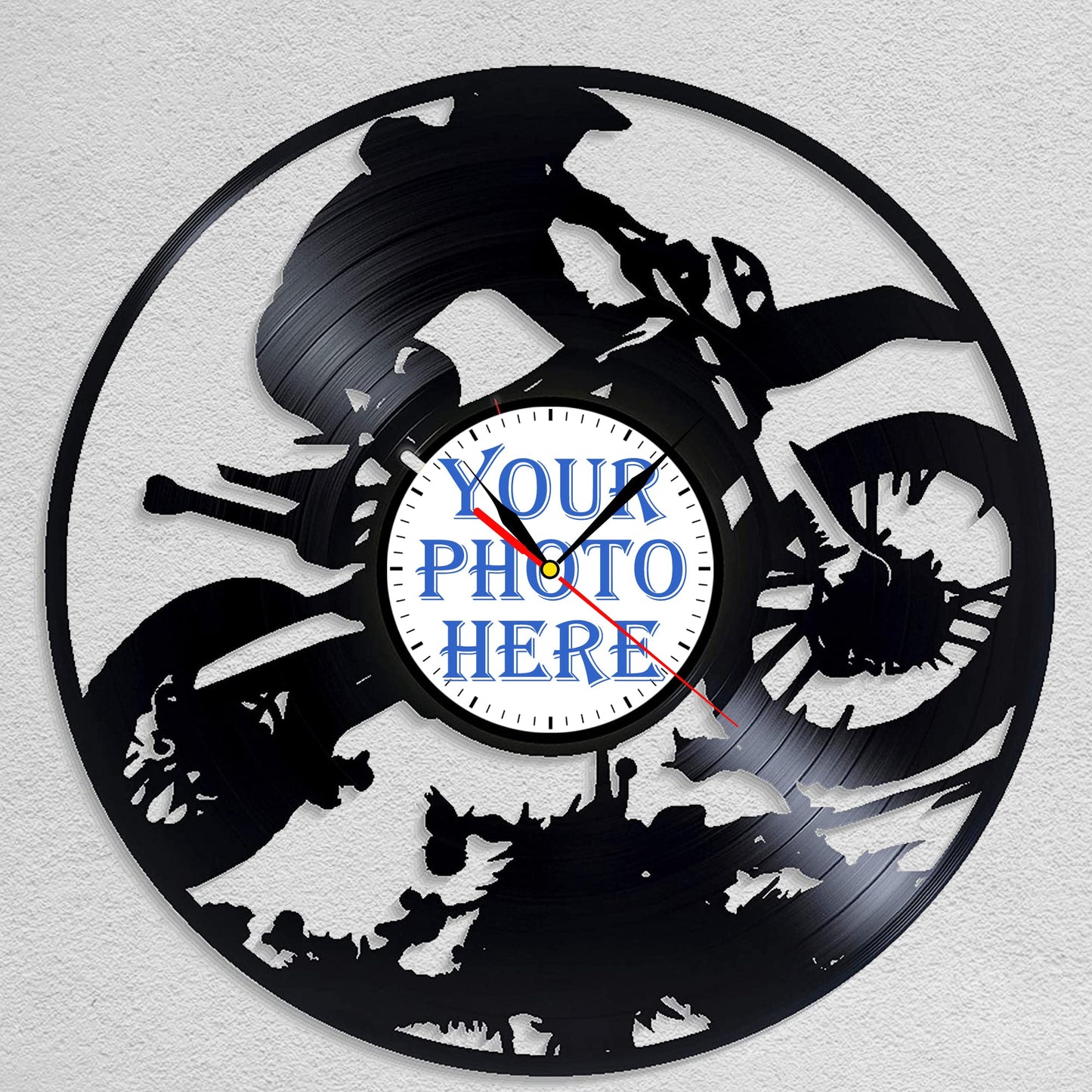 Personalized Motorcycle Racing LP Record Wall Clock – Custom Photo & Name, Silent Quartz