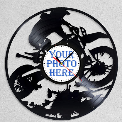 Personalized Motorcycle Racing LP Record Wall Clock – Custom Photo & Name, Silent Quartz