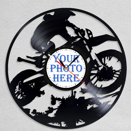 Personalized Motorcycle Racing LP Record Wall Clock – Custom Photo & Name, Silent Quartz
