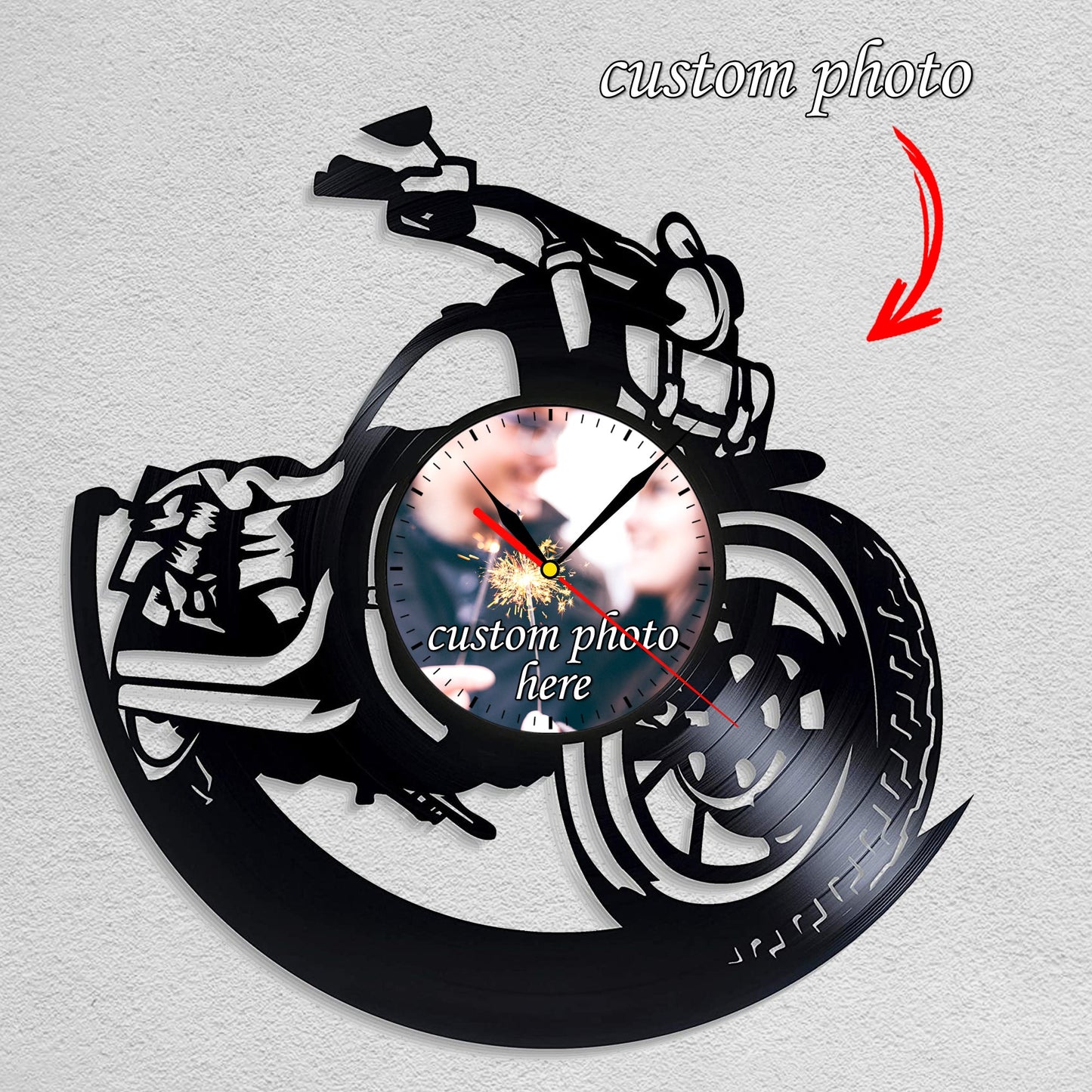 Personalized Motorcycle LP Record Wall Clock – Custom Photo & Name, Silent Quartz