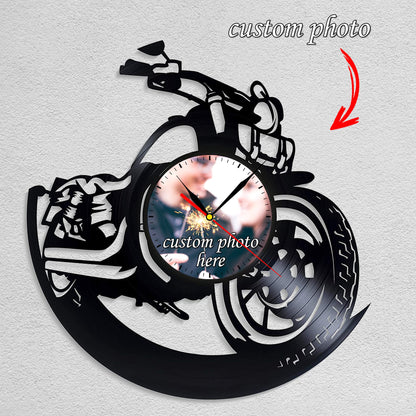 Personalized Motorcycle LP Record Wall Clock – Custom Photo & Name, Silent Quartz
