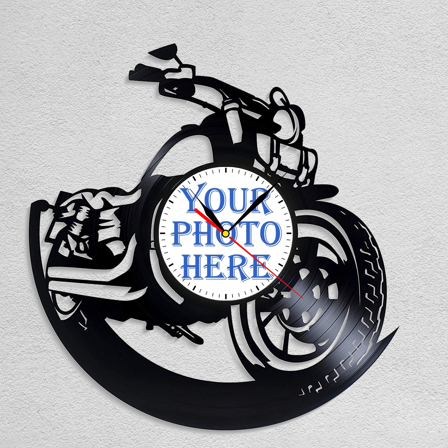 Personalized Motorcycle LP Record Wall Clock – Custom Photo & Name, Silent Quartz