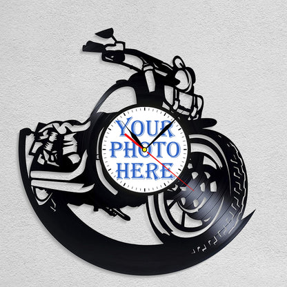 Personalized Motorcycle LP Record Wall Clock – Custom Photo & Name, Silent Quartz
