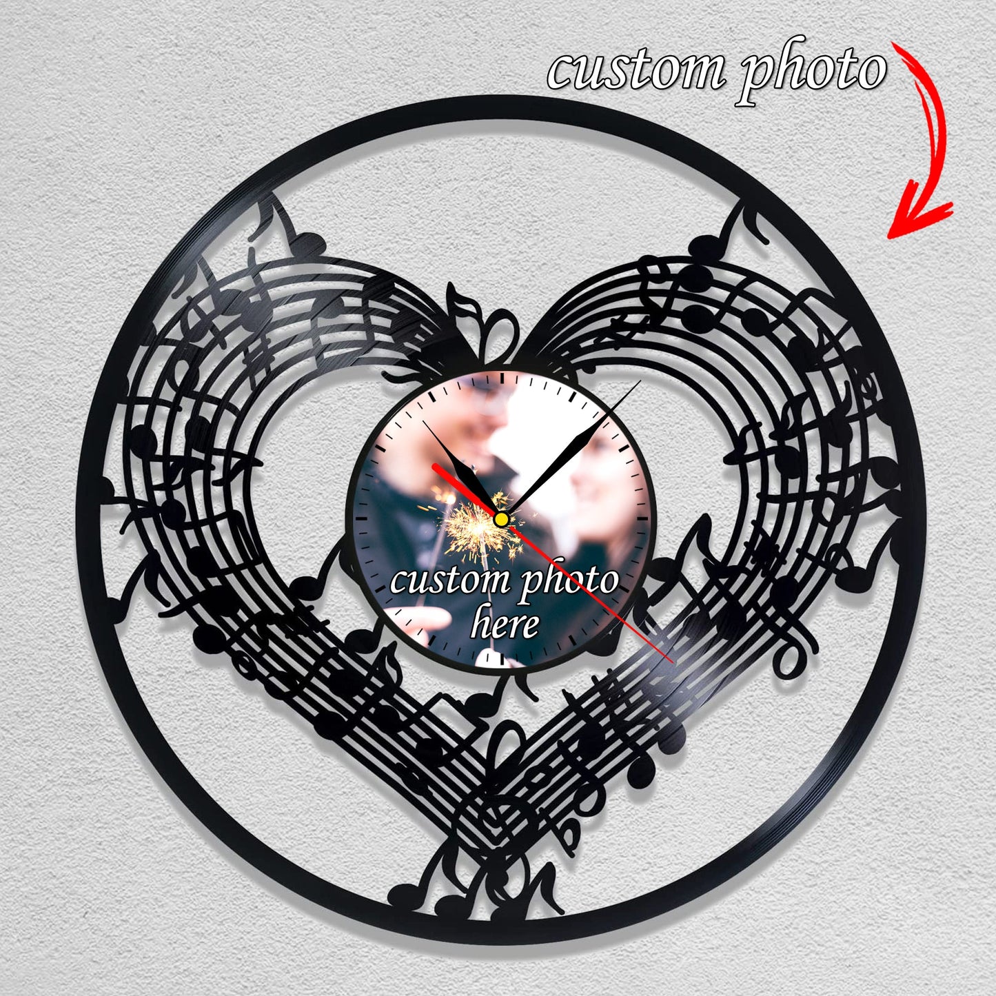Personalized Music Notes LP Record Wall Clock – Custom Photo & Name, Silent Quartz
