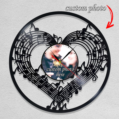 Personalized Music Notes LP Record Wall Clock – Custom Photo & Name, Silent Quartz