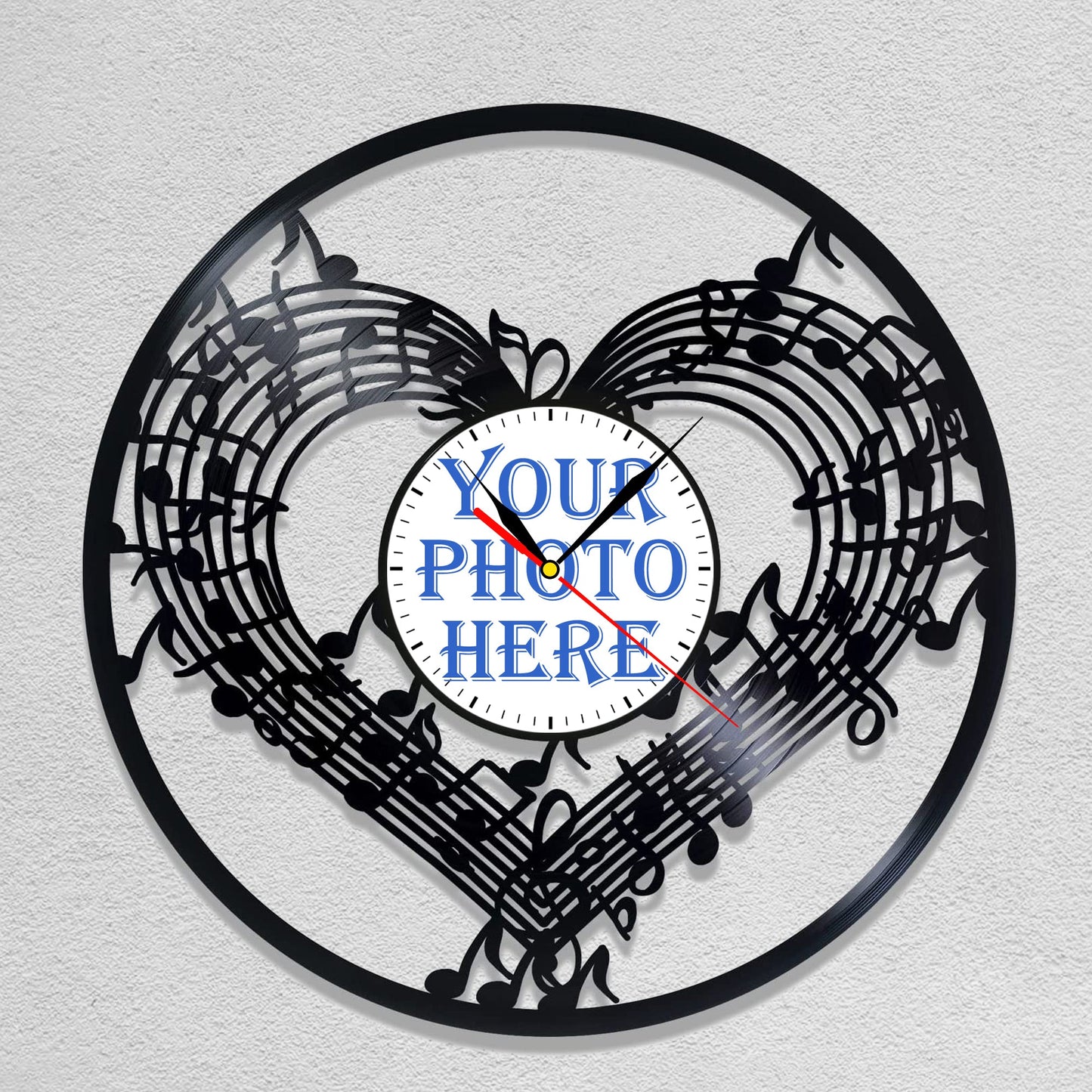 Personalized Music Notes LP Record Wall Clock – Custom Photo & Name, Silent Quartz