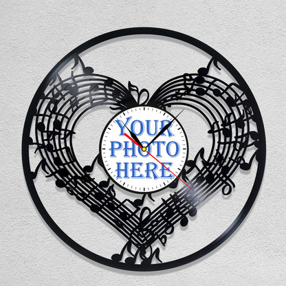 Personalized Music Notes LP Record Wall Clock – Custom Photo & Name, Silent Quartz