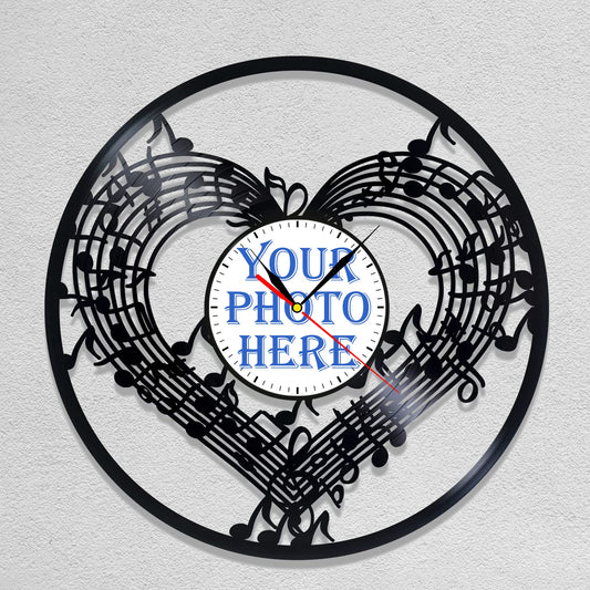 Personalized Music Notes LP Record Wall Clock – Custom Photo & Name, Silent Quartz