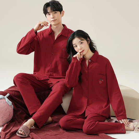 Long Sleeves Red Pajamas Set for Couples 100% Cotton