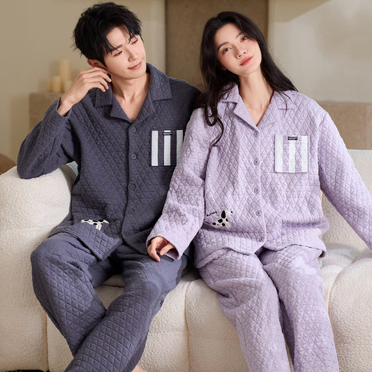 Matching Couple Pajamas Set – Quilted Air Cotton with Animal Embroidery
