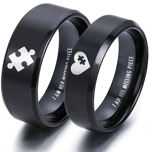 Matching Romantic Rings Set for Him and Her Black