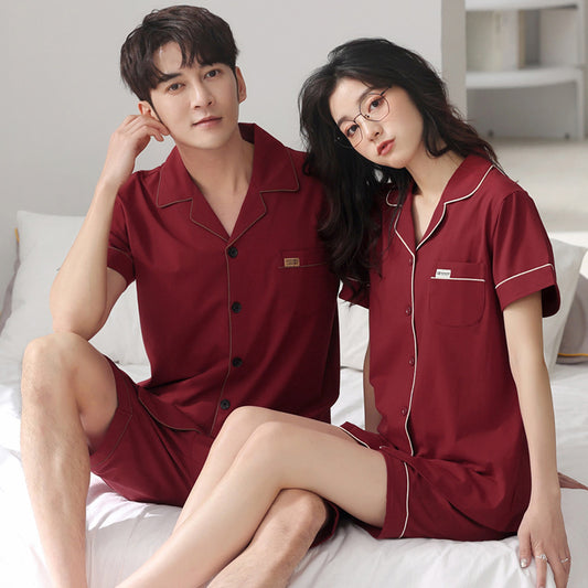 Short Sleeve Red PJs Set for Couples 100% Cotton